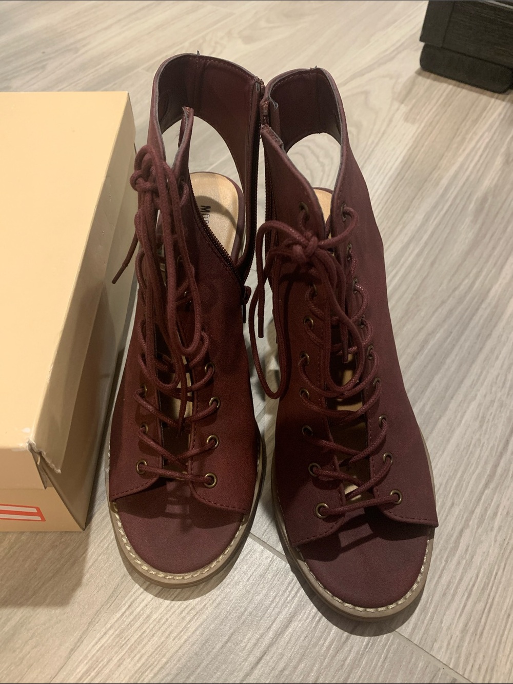 Mossimo Supply Co. Lace-Up Open-Toe Ankle Boots in Burgundy